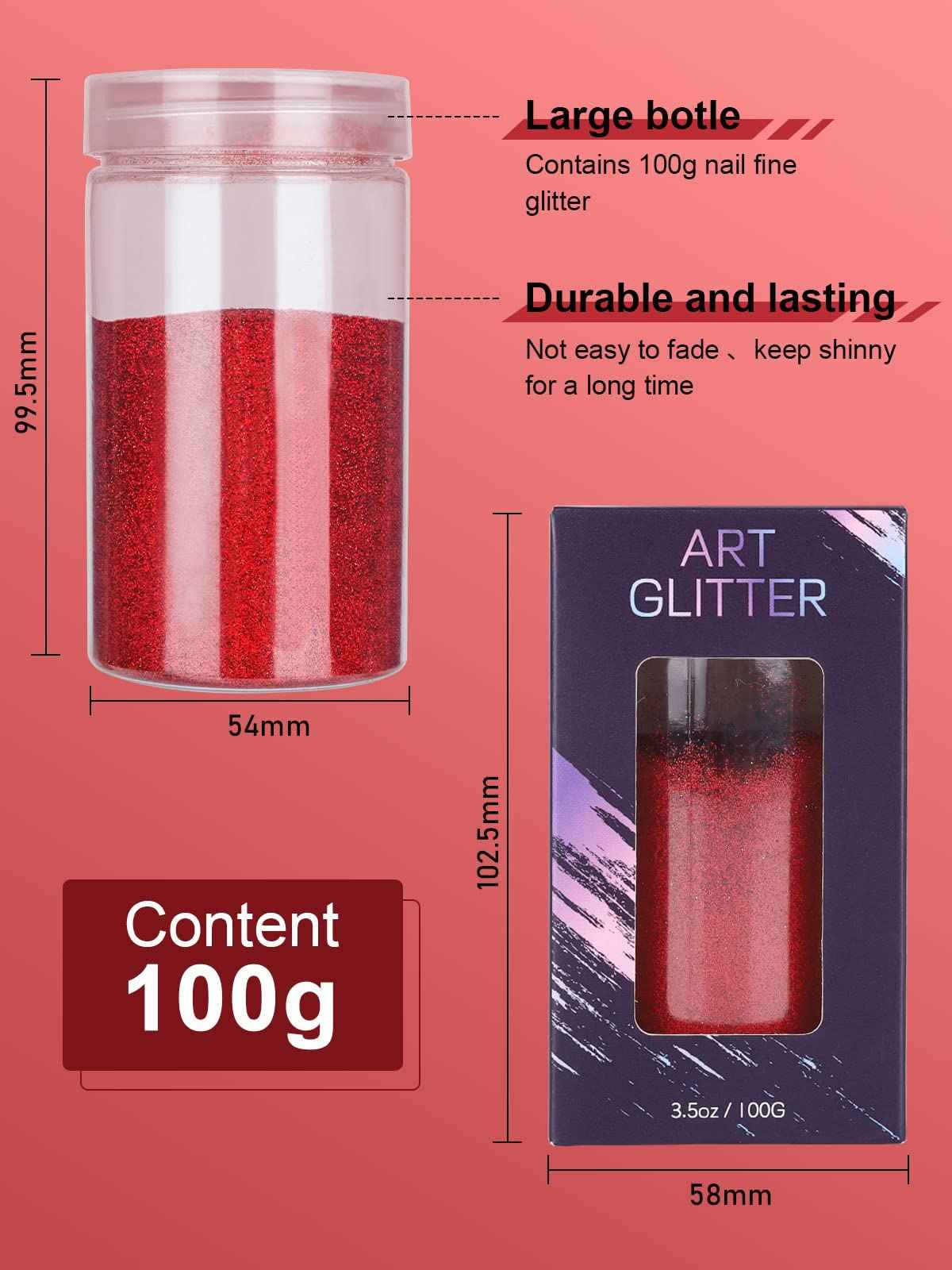 Red Nail Fine Glitter, EBANKU Red Laser Mermaid Manicure Pigment Glitter for Nails Art Resin Craft Supplies, Glitter for Body Nail Face Hair Lip Gloss Makeup 100G