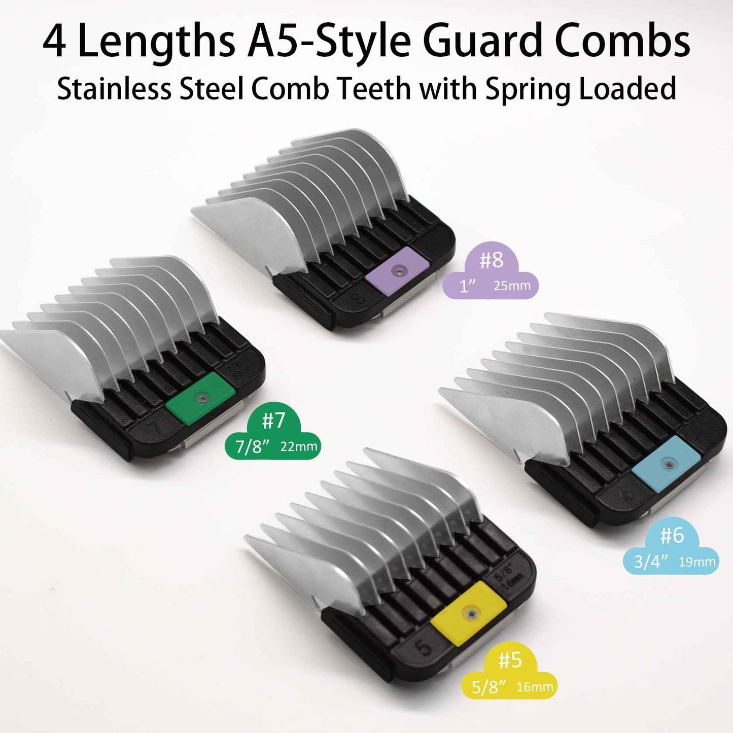 4 Pieces Animal Stainless Steel Attachment Guide Guard Combs for A5 Style Detachable Blade Pet Groomers, 5/8", 3/4", 7/8", 1" Compatible with Wahl KM Series Andis AG BG Oster A5 A6 Animal Clippers