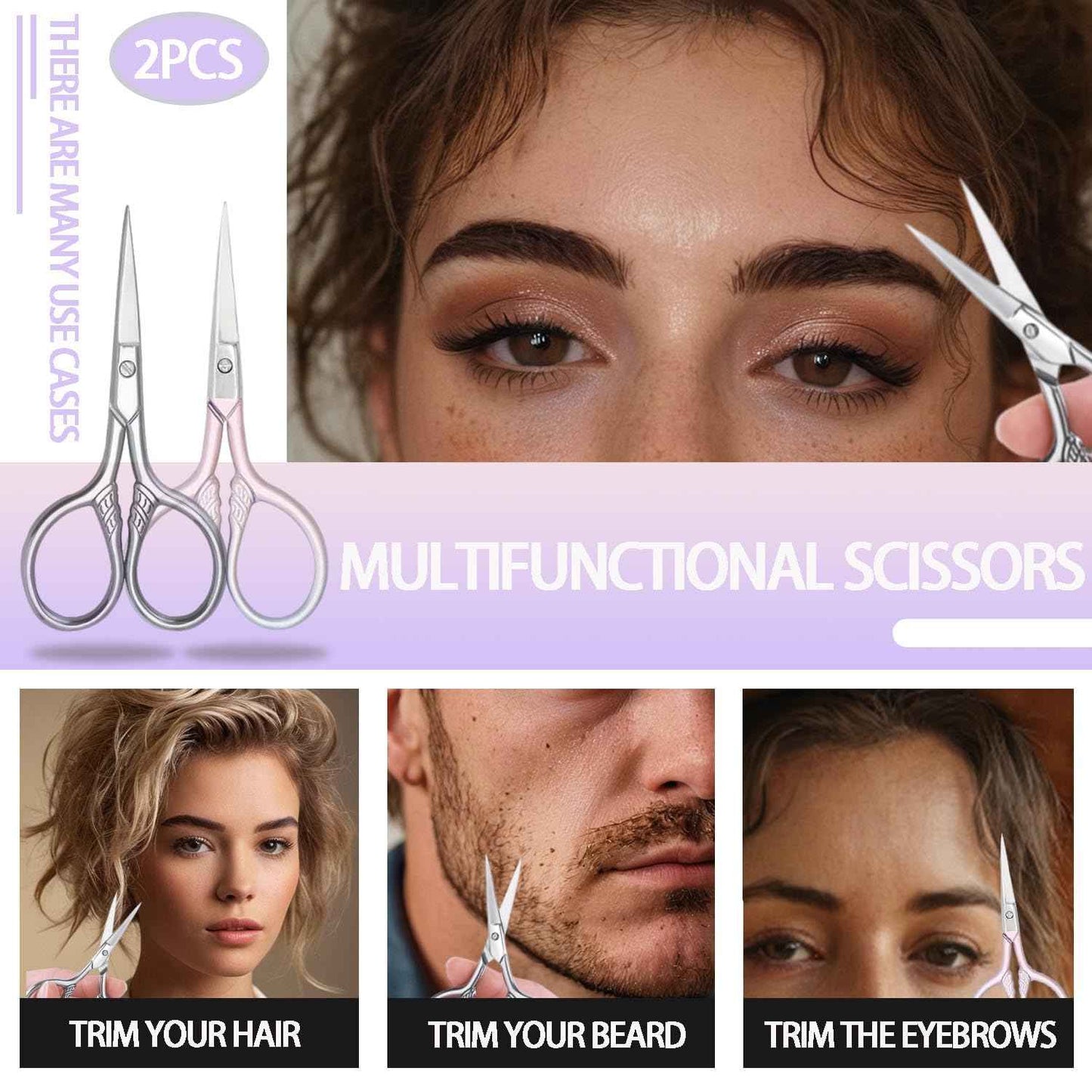 2 Pcs Eyebrow Scissors for Women Men, 3.5 Inch Professional Beauty Mini Scissors, Suitable for Facial Hair, Eyebrows, Beards, Ears, Nose and Beards, Stainless, Steel Straight Head(Pink and Silver)