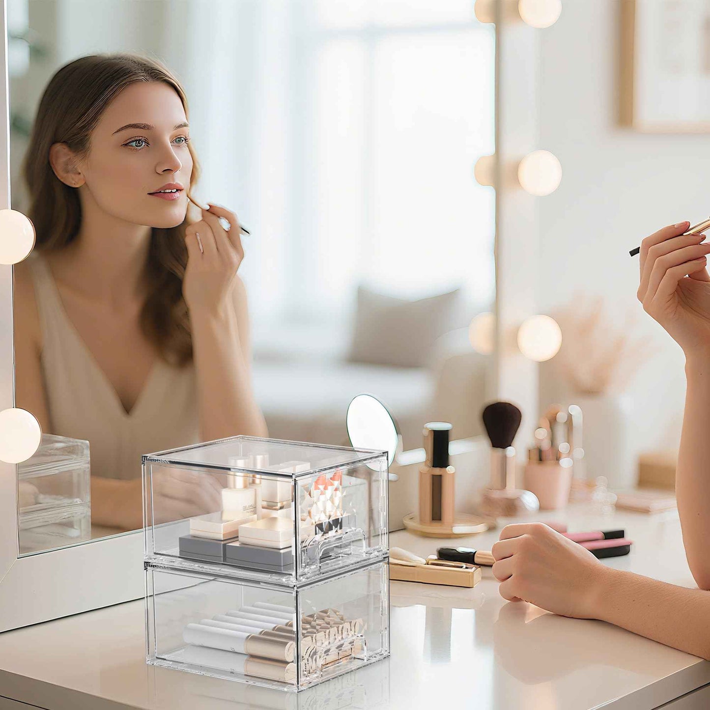 Delamu 6 Pack Stackable Storage Drawers, Makeup Skincare Holder Vanity Storage Organizer, Plastic Drawers For Vanity Desk, Undersink, Kitchen Cabinet, Pantry, Clear, Ideal Christmas Gifts for Girls