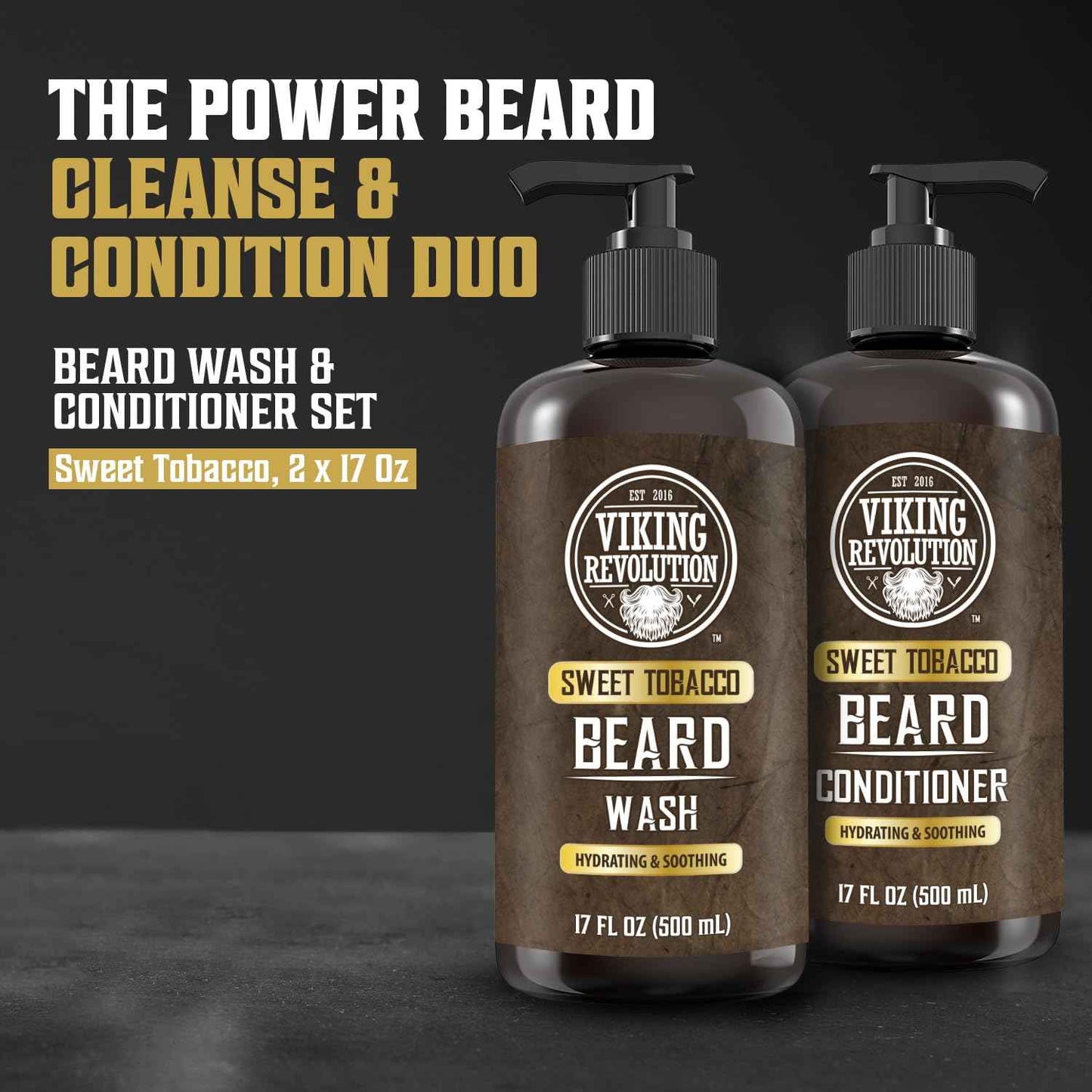 Viking Revolution Beard Wash and Beard Conditioner for Men with Argan Oil and Jojoba Oil - Beard Softener and Strengthener Beard Care Beard Shampoo and Conditioner with Beard Oil (17oz, Sweet Tobacco)
