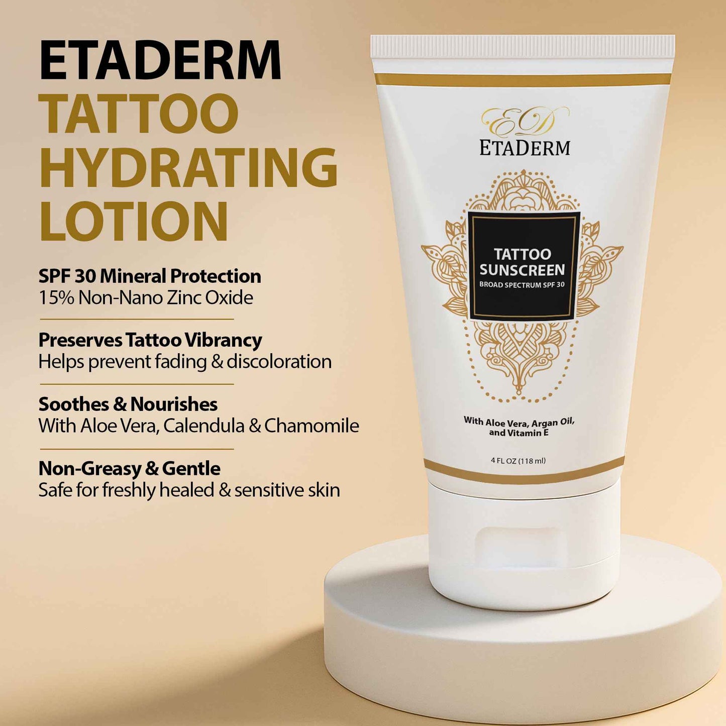 ETADERM Tattoo Sunscreen Lotion SPF 30 - Tattoo Aftercare Sunscreen for Sensitive Skin with 15% Non-nano Zinc Oxide - Sun Protection Tattoo Lotion for Long-Lasting Vibrancy & Ink Defense Against UV