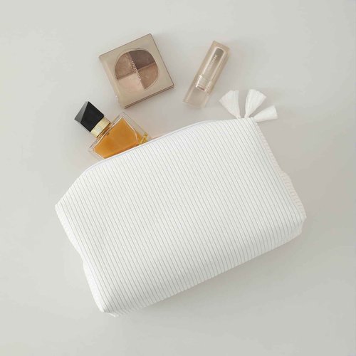 DYSHAYEN Makeup Bag Travel Cosmetic Bag Organizer Tassel Large Corduroy Zipper Pouch, Bridesmaid Gift for Wedding Party (White)