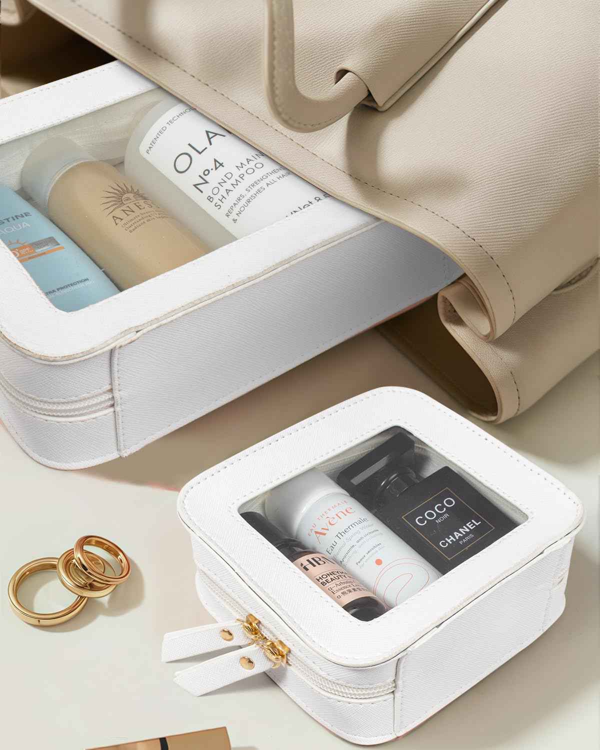 LETGO Clear Makeup Bag Set for Women Portable Travel Toiletry Bag Cosmetic Bags TSA Approved Travel Cosmetic Bag for Car Accessories for Women(White, Standard + Mini)