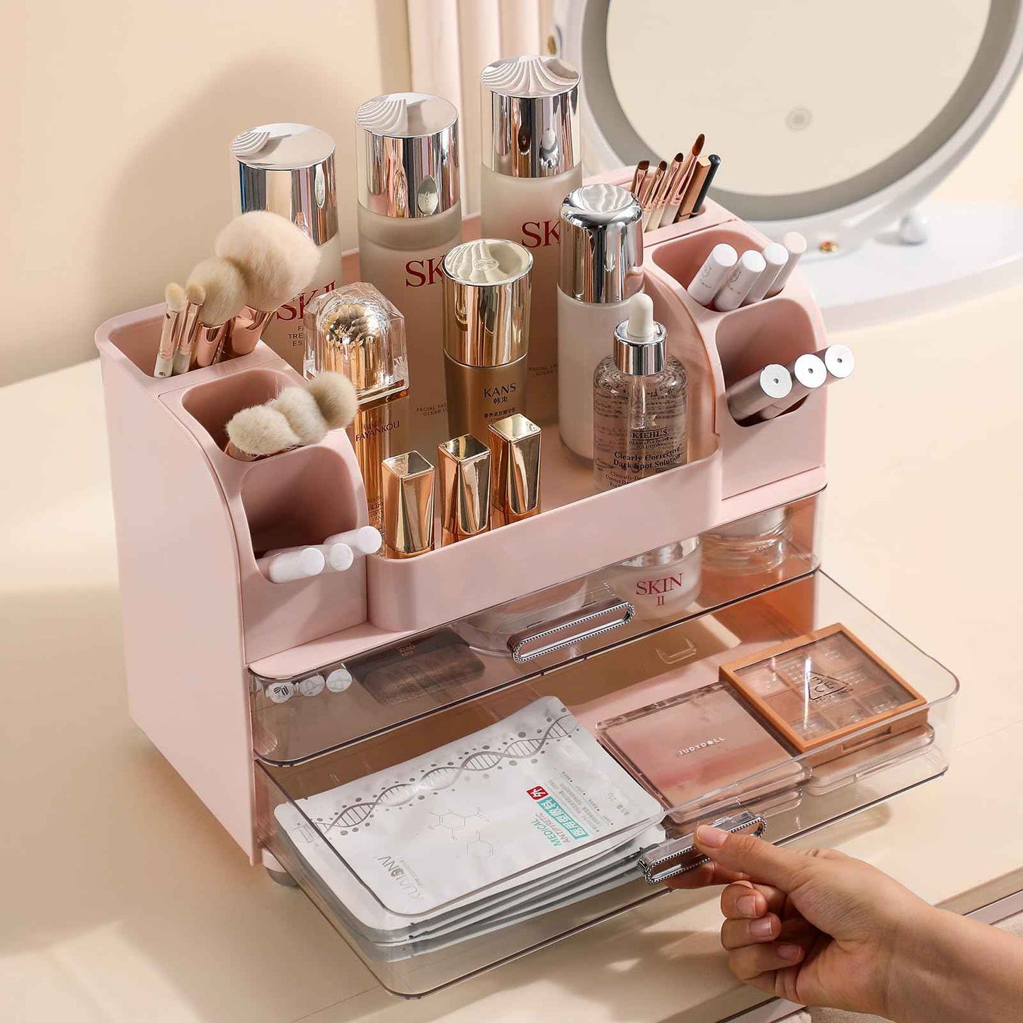 Anyoifax Makeup Organizer Countertop with Large Drawers, Vanity Organizer with Brush Holder, Skin Care Storage for Dresser, Perfume Organizer for Lotion, Lipsitck, Palette, Light Pink