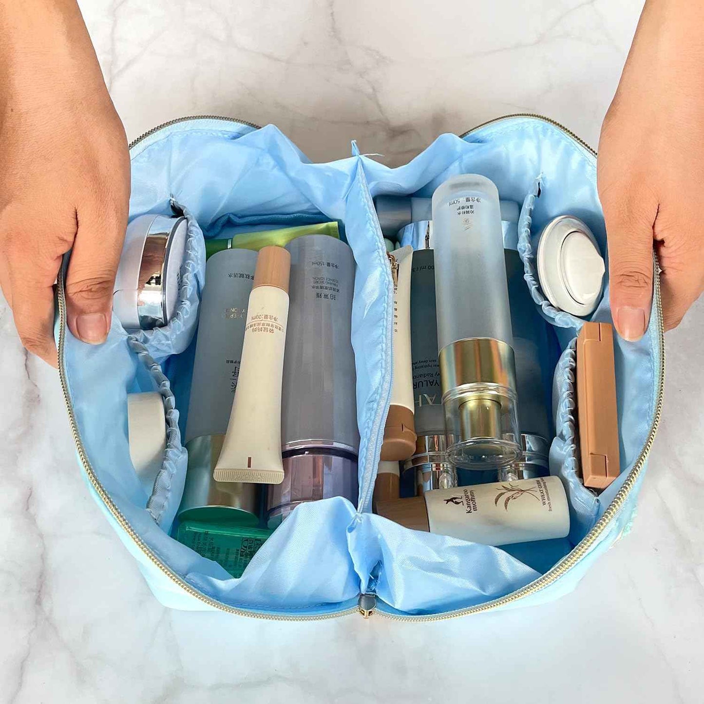 Stoney Clover Dupes Preppy Makeup Bag - Blue Chenille Letter Bag for Travel - Large Capacity Nylon Pouch with Flat Open Design