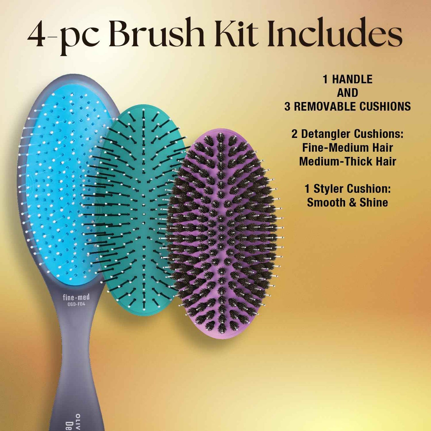 Olivia Garden Brush Collection, removable cushion, scalp hugging massages the scalp, 1 fine to medium, 1 medium to thick detangler, 1 smooth and shine styler, for wet or dry hair, 3-Piece Kit - Black