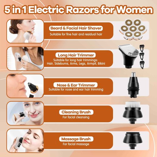 Electric Razor for Women, 7D Facial Hair Removal, 5-in-1 Wet/Dry Bikini Trimmer, Electric Shaver for Women, Rechargeable Face Shaver for Arms Legs Armpit Pubic Area, Painless Womens Grooming Kit
