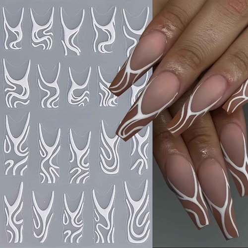 4Pcs White Swirls Lines Nail Stickers 5D Micro-Embossed Fantasy Wave Nail Art Stickers Abstract Lines Nail Decals Simple Design for Women Girls Daily Manicure French Embossed Engraved Nail Decorations
