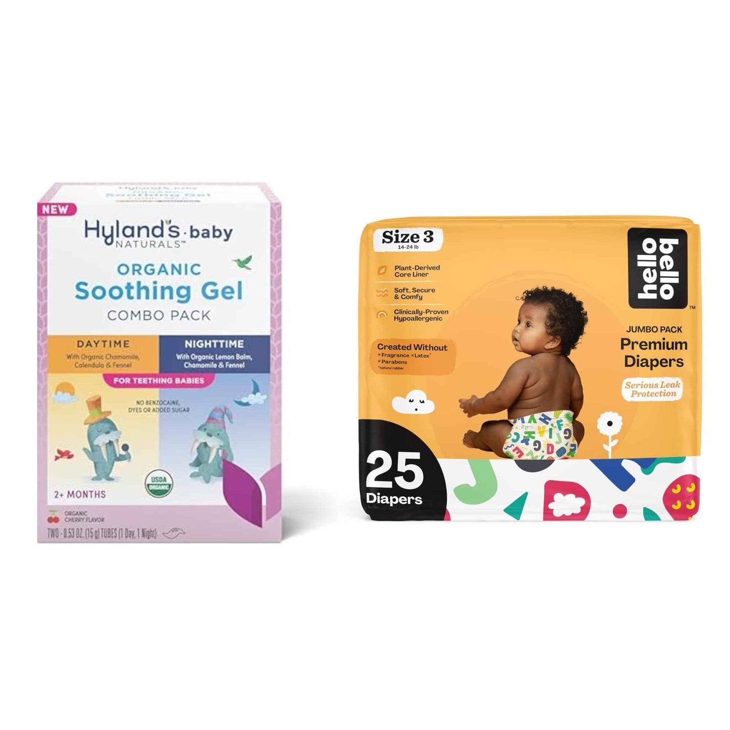 Hyland's Baby - Organic Day/Night Soothing Gel Combo Pack, Natural Relief of Oral Discomfort (2 Tubes of 0.53 oz.) + Hello Bello Premium Baby Diapers Size 3, 25 Count