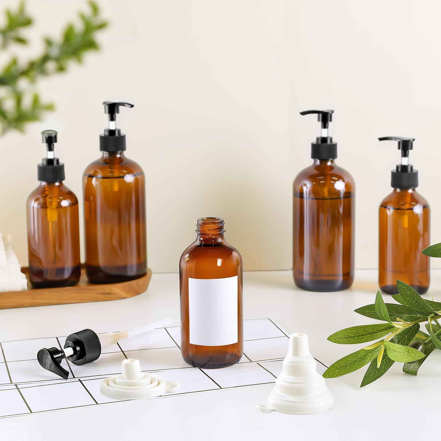 12 Pack Amber Glass Bottles 8oz with Pump Dispensers, Refillable Empty Pump Bottles for Bathroom, Kitchen, Shampoo, Soap, Lotion – Includes 2 Funnels & 12 Labels