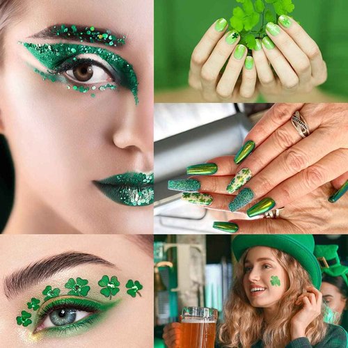 3 Bags St. Patrick's Day Nail Glitter Sequins Shamrock Nail Stickers Decals Holographic Laser Green Clover Nail Glitter Flakes Irish Nail Decals Charms Shamrock Glitter for Nail Art Decoration
