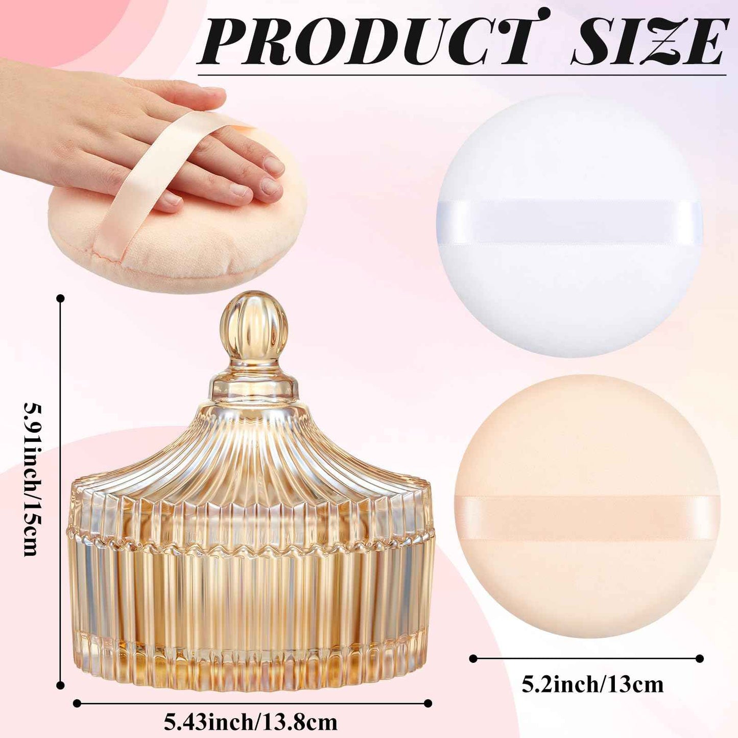 Tioncy 3 Pcs Extra Large Body Powder Puff and Container 5.43'' Glass Body Container with 5.12'' Powder Puff Glass Jar for Women's Talcum(Amber)