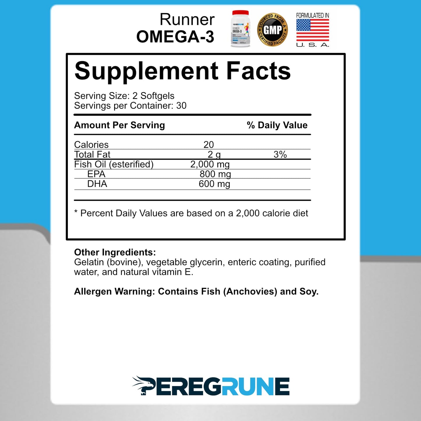 PEREGRUNE Runner Omega 3 Fish Oil – Triple Strength Nutritional Sport Supplement - Helps Support Heart & Joint Health for Running with Omega- EPA & DHA - 1000 mg, 1 Month Capsules for Men and Women