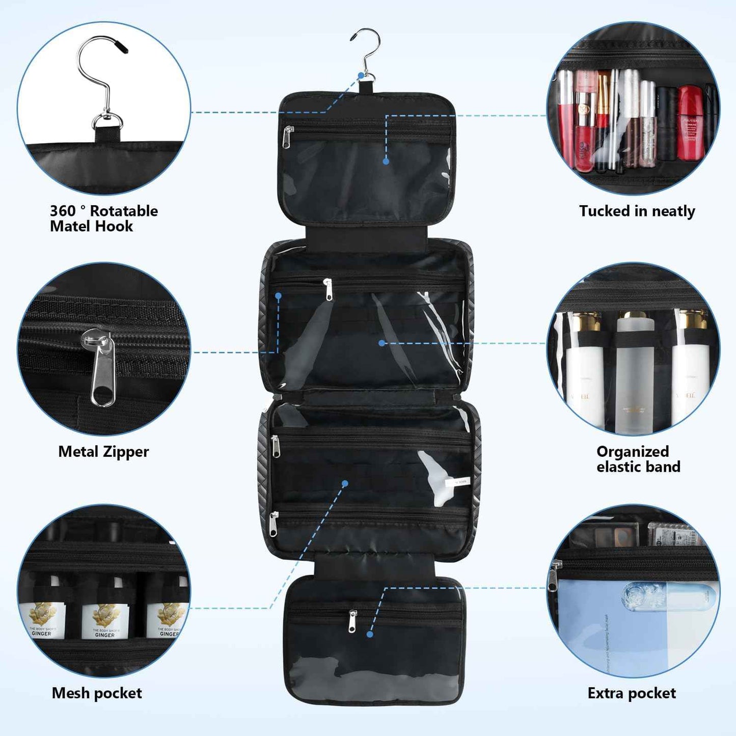 Travel Toiletry Bag,Hanging Toiletry Bags for Traveling Women, Water-resistant Makeup Travel Bags - Toiletry Bag for Travel Size Essentials Accessories Cosmetics -Perfect Gifts for Women (Black)