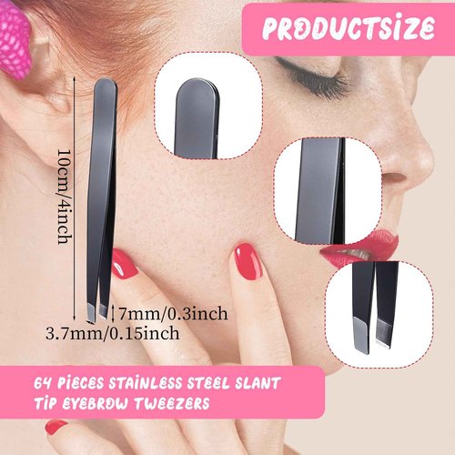 64Pcs Slanted Lash Tweezer for Women Men, Professional Stainless Steel Tweezers High Precision Tweezers Bulk for Ingrown Hair Removal Eyelash Extension Plucking Blackhead