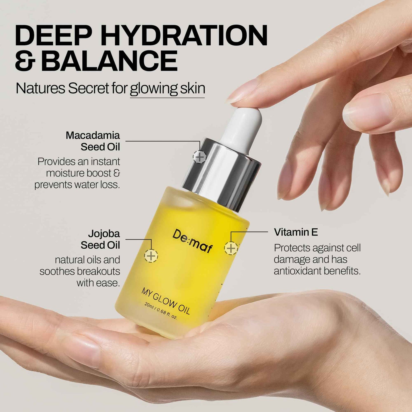 De:maf My Glow Oil – 100% Natural Face Oil for Sensitive & Oily Skin, Hydrating & Non-Comedogenic with Jojoba, Macadamia & Vitamin E – Lightweight Facial Oil for Dry Skin