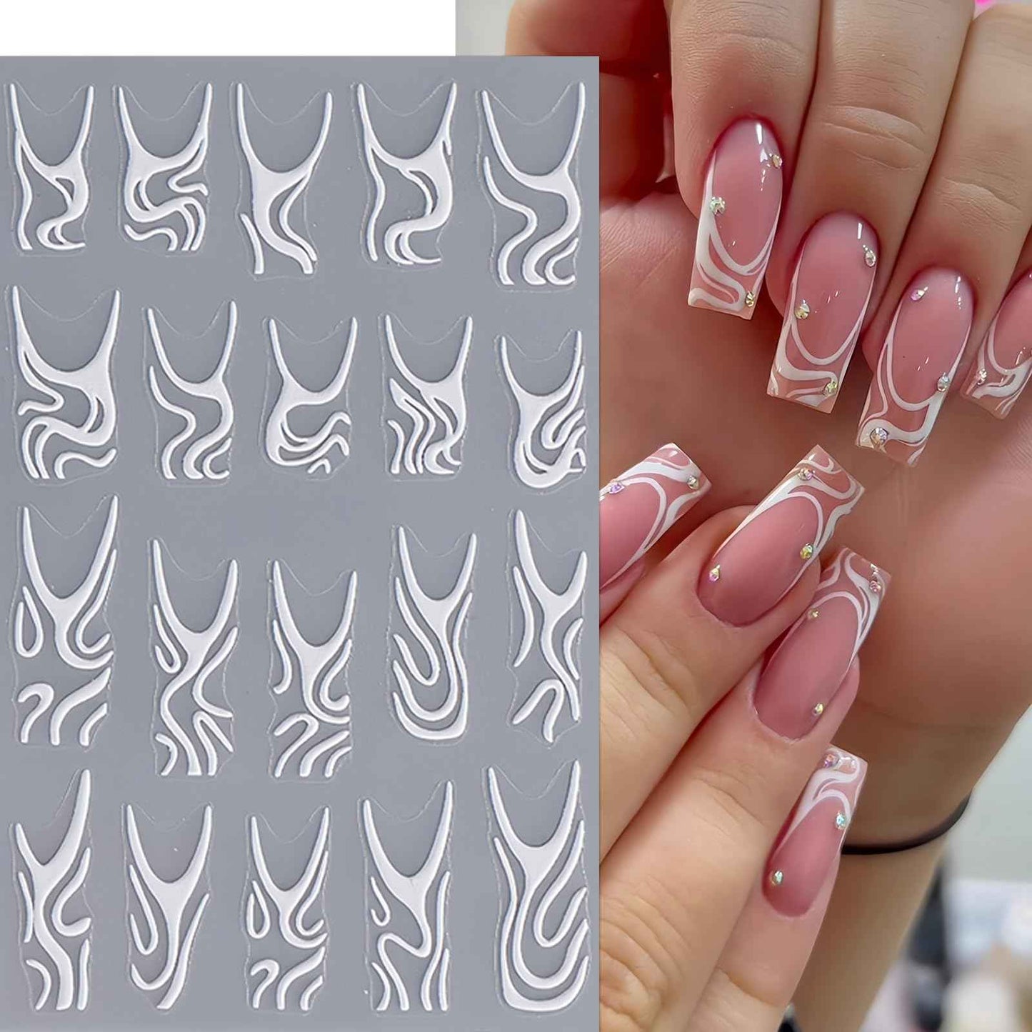 4Pcs White Swirls Lines Nail Stickers 5D Micro-Embossed Fantasy Wave Nail Art Stickers Abstract Lines Nail Decals Simple Design for Women Girls Daily Manicure French Embossed Engraved Nail Decorations
