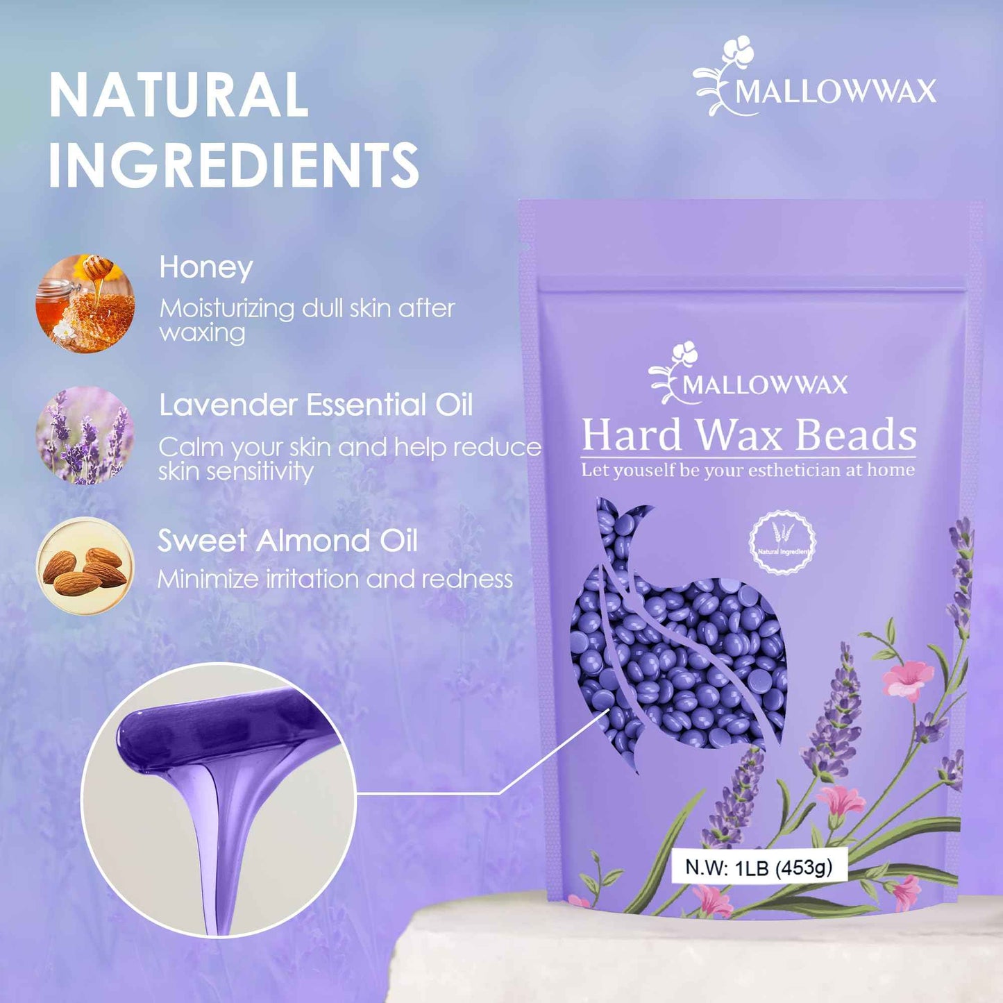 Mallowwax Hard Wax Beads, 2-Pack: 1lb Lavender for Coarse Hair Full Body, 1lb White for All Hair Types Face, Eyebrows, Brazilian Bikini, Legs, Underarms