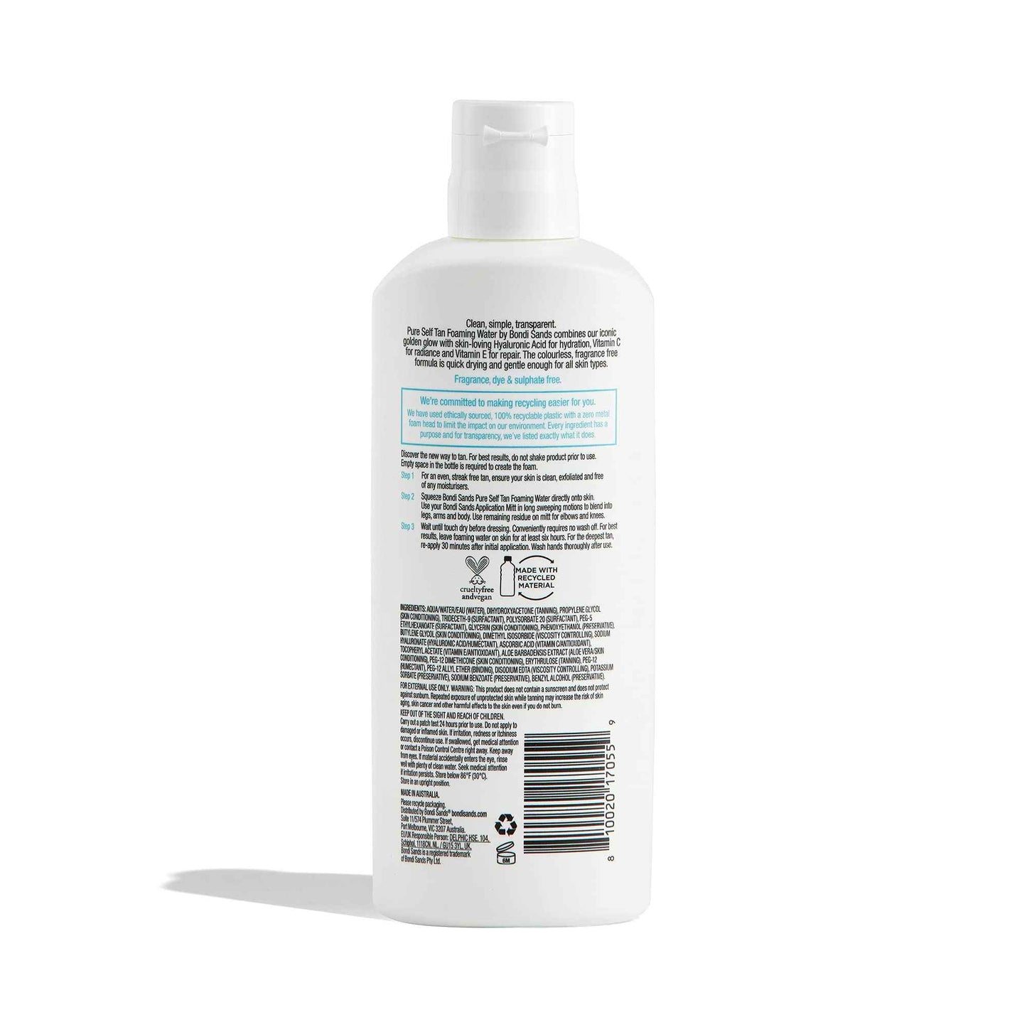 Bondi Sands PURE Light/Medium Self-Tanning Foaming Water | Hydrates with Hyaluronic Acid for a Flawless Tan, Fragrance Free, Cruelty Free, Vegan | 6.76 Oz/200 mL