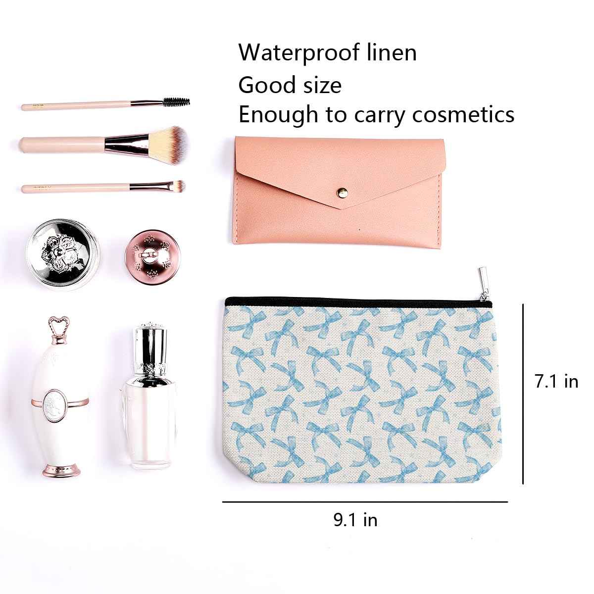 LONGXIN Coquette Makeup Bag Trendy Teen Girls Gifts Blue Bow Pouch Bag Gift for Women Aesthetic Cosmetic Bag Preppy Stuff Trendy Preppy Makeup Bag Funky Zipper Travel Toiletry Bag