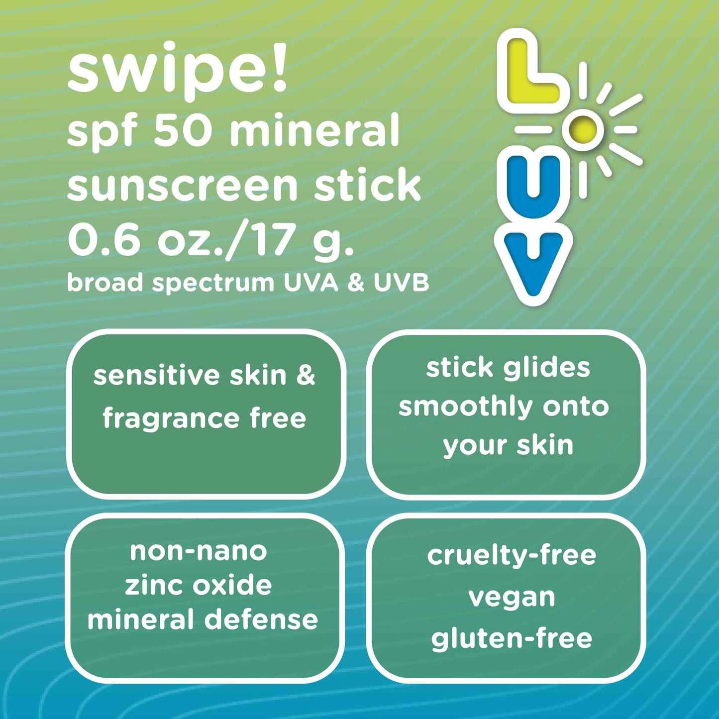 L-UV swipe! SPF 50 Mineral Sunscreen Stick, Broad-Spectrum Protection Against UVA & UVB Rays, Perfect For Everyday Activities & Outdoor Adventures, Lightweight Sun Protection, Sensitive Skin Safe.
