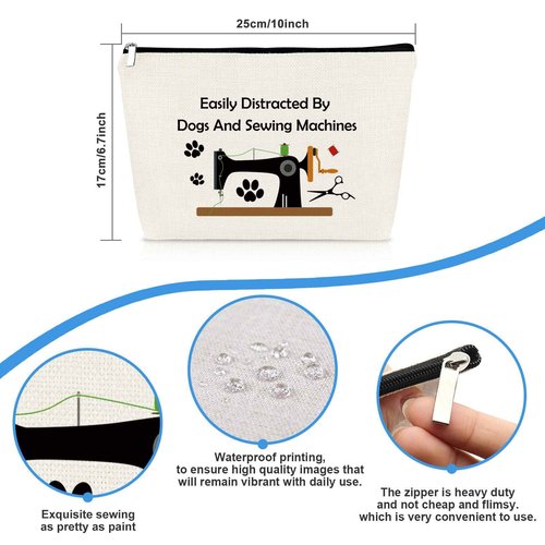 Sewing Gift Dog Lover Gift Quilter Makeup Bag for Women Sewing Machine Themed Crafting Lover Gifts Cosmetic Bag Sewer Quilting Gifts Christmas Birthday Present Travel Make Up Pouch
