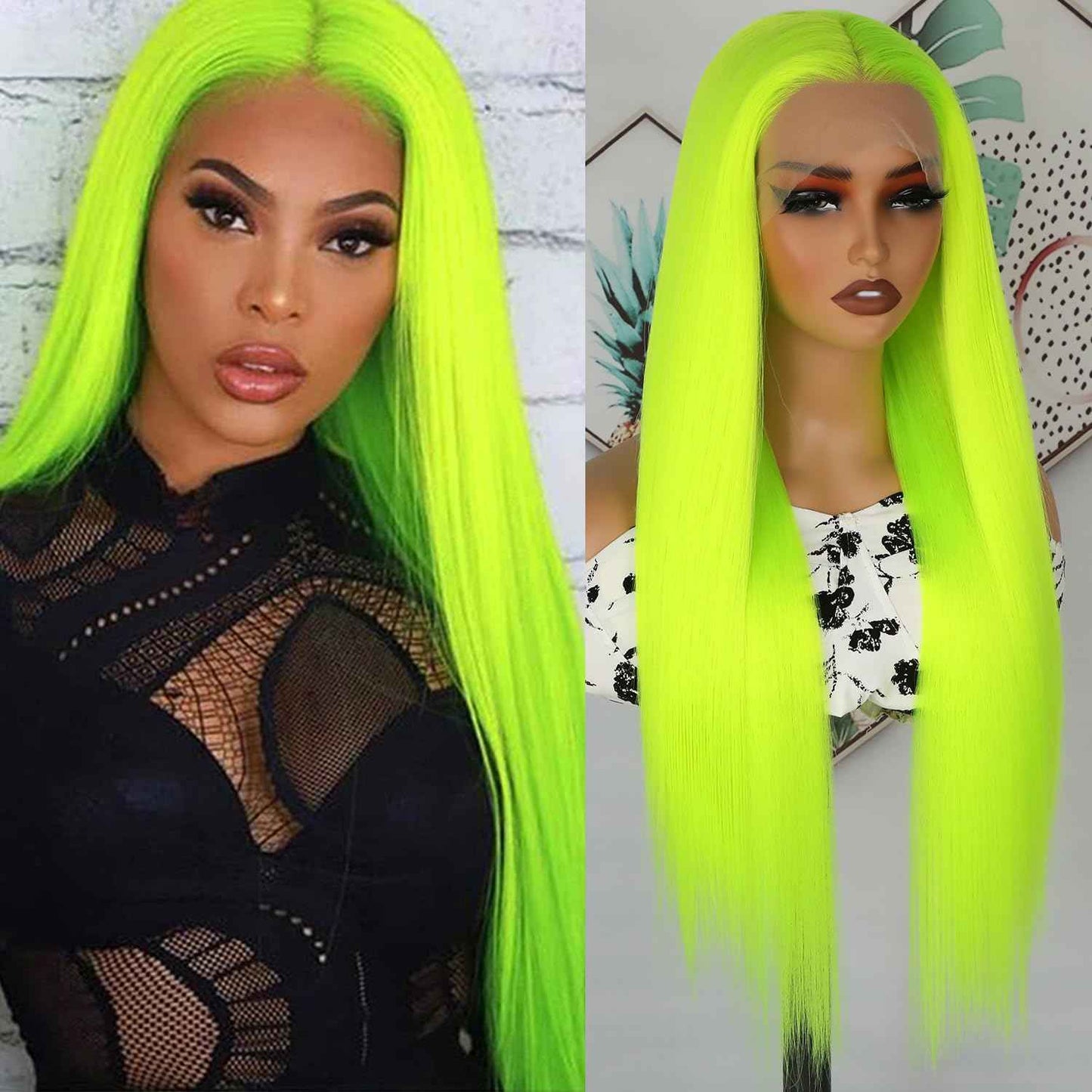 Lezaxiu Fluorescent Green Lace Front Wig Long Straight Hair Neon Green Wig Heat Resistant Fiber Hair Synthetic Lace Front Wigs for Fashion Women 24 Inch