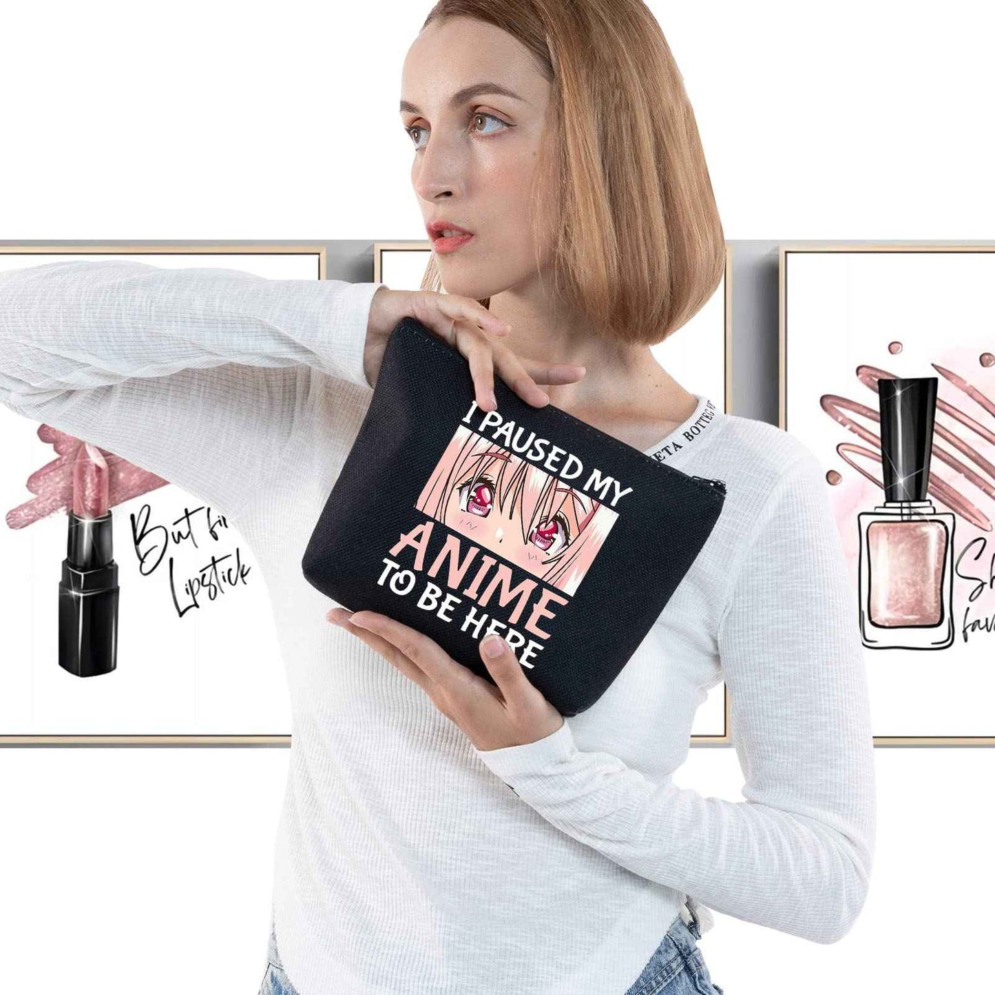 LEVLO Anime Girl Cosmetic Bag Amine Girl Inspired Gift I Paused My Anime To Be Here Makeup Zipper Pouch Bag Anime Cosplay Merchandise (My Anime Black)