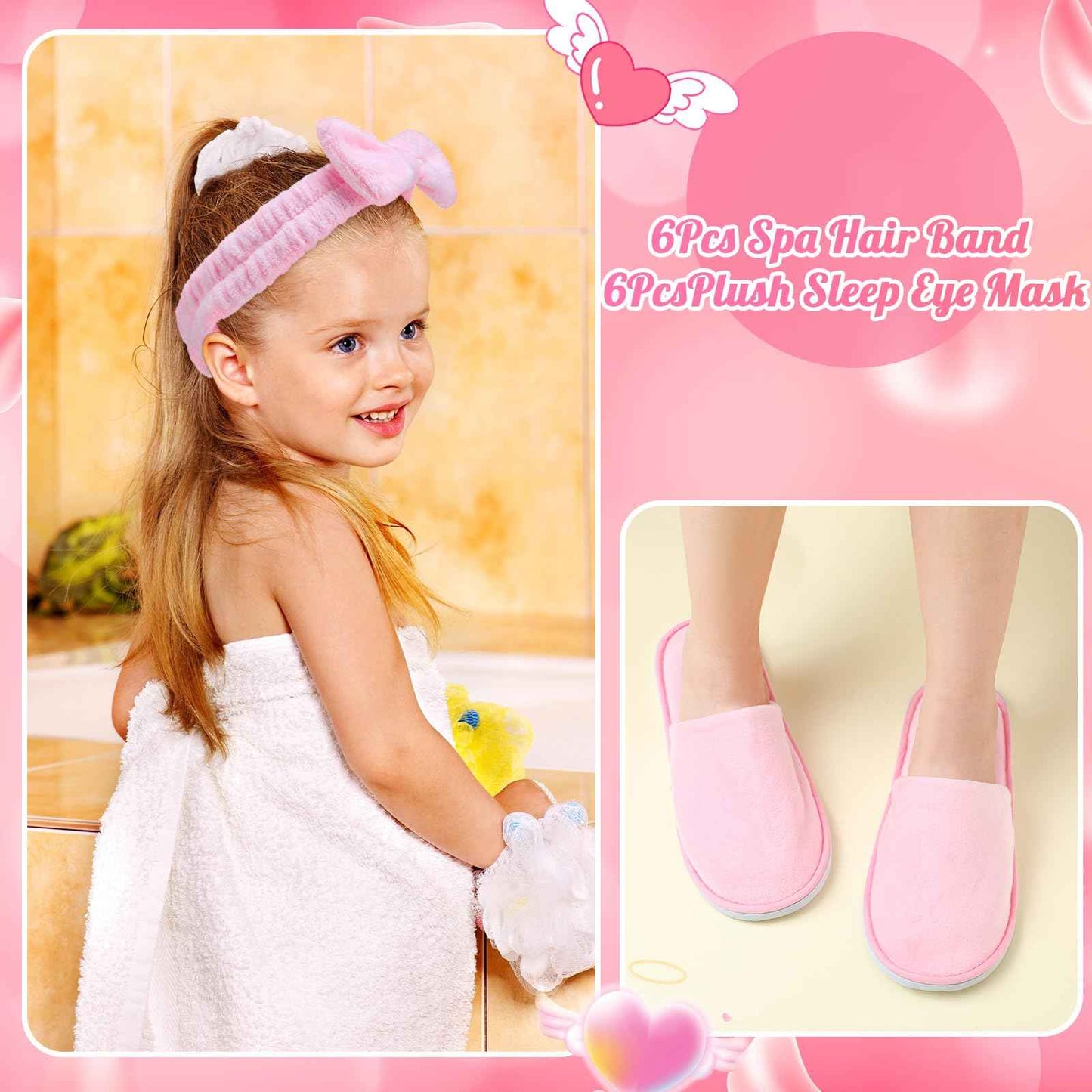 Twistover 12 Pcs Christmas Girls Spa Party Supplies for Kids Gifts Sleepover Party Supplies Include 6 Closed Toe Kids Disposable Slippers 6 Bow Spa Headbands for Makeup Slumber Favors Birthday(Pink)