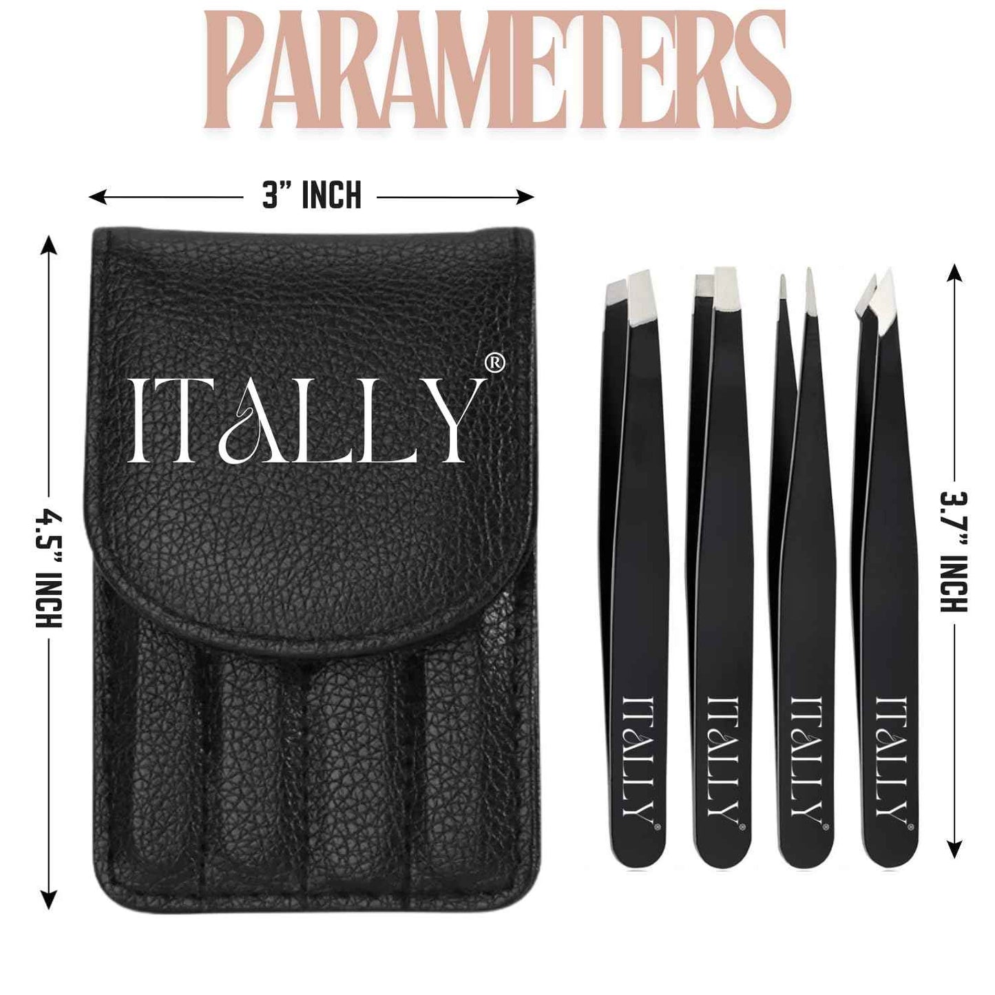 ITALLY Tweezers Set - Professional Eyebrow Tweezers - Stainless Steel Best Precision Tweezers for Women Facial Hair, Splinter, Blackhead & Ingrown Hair Removal, 4Pcs (Black)