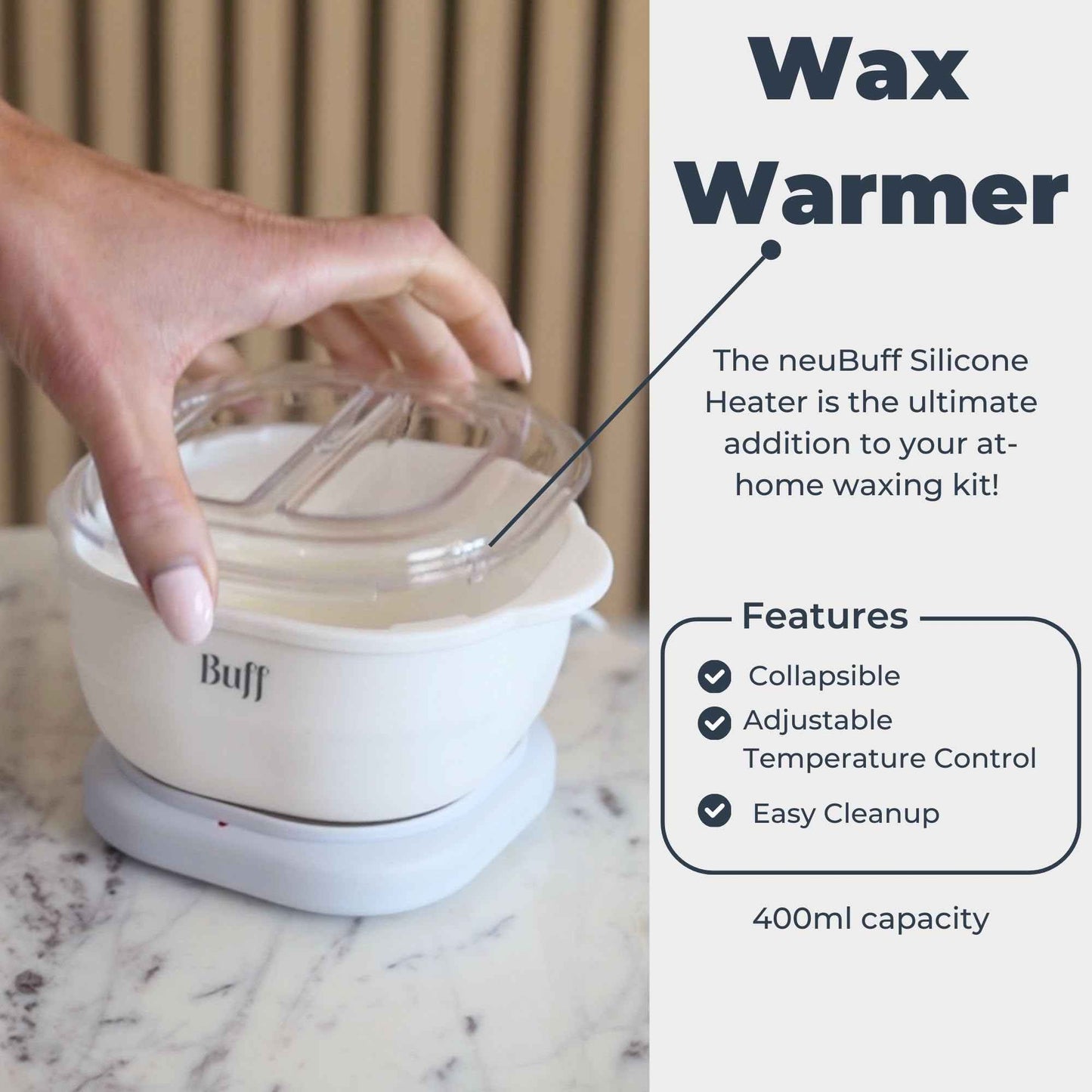 neuBuff Collapsible Silicone Wax Heater, Wax Warmer for Hair Removal, Fast Heating, Easy Cleanup and Storage, 400ml Capacity, Perfect for At-Home Waxing