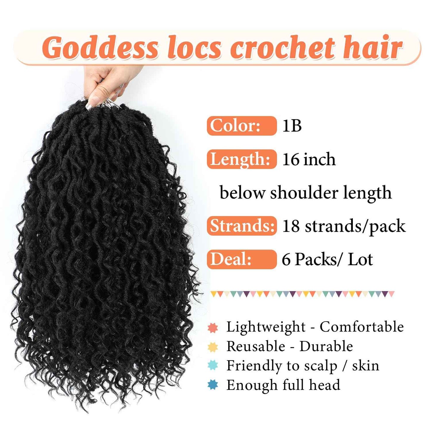 Forevery Goddess Locs Crochet Hair 16 Inch Faux Locs Crochet Hair Pre Looped Crochet Hair for Black Women 6 Packs Black Boho Crochet Locs with Curly Ends 1B