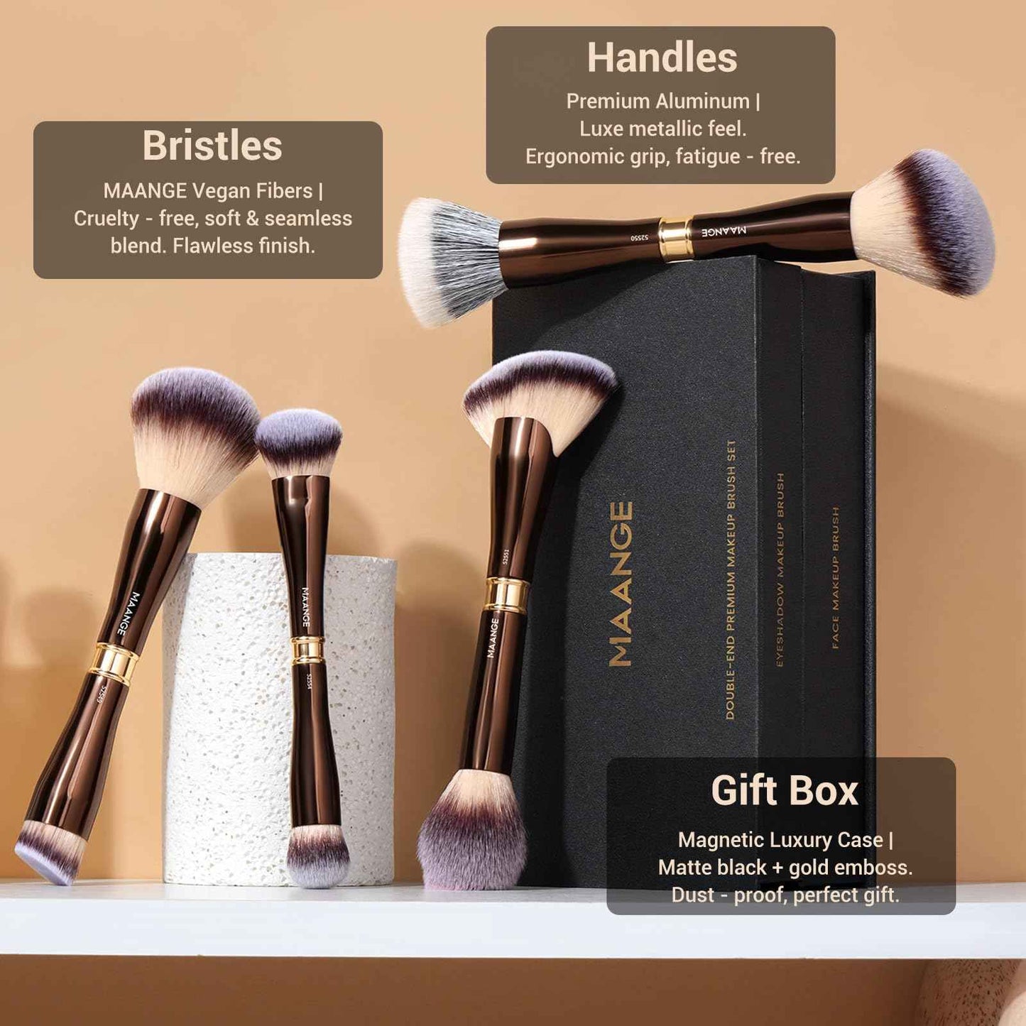 MAANGE Makeup Brush Set with Mirror Double-ended Kabuki Makeup Brushes For Foundation Contour Liquid Powder Concealer Eye Shadows Cream Cosmetics Blending Blush Makeup Tools (Coffee Brown, 8 PCS)