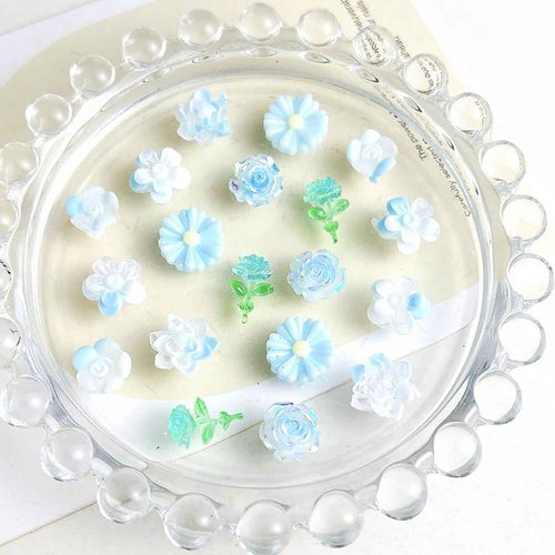 3D Flower Manicure Gems with Nail Rhinestone, Colorful Acrylic Double Color Nail Charms Rhinestones for Nails with Pickup & Dotting Tools Blue