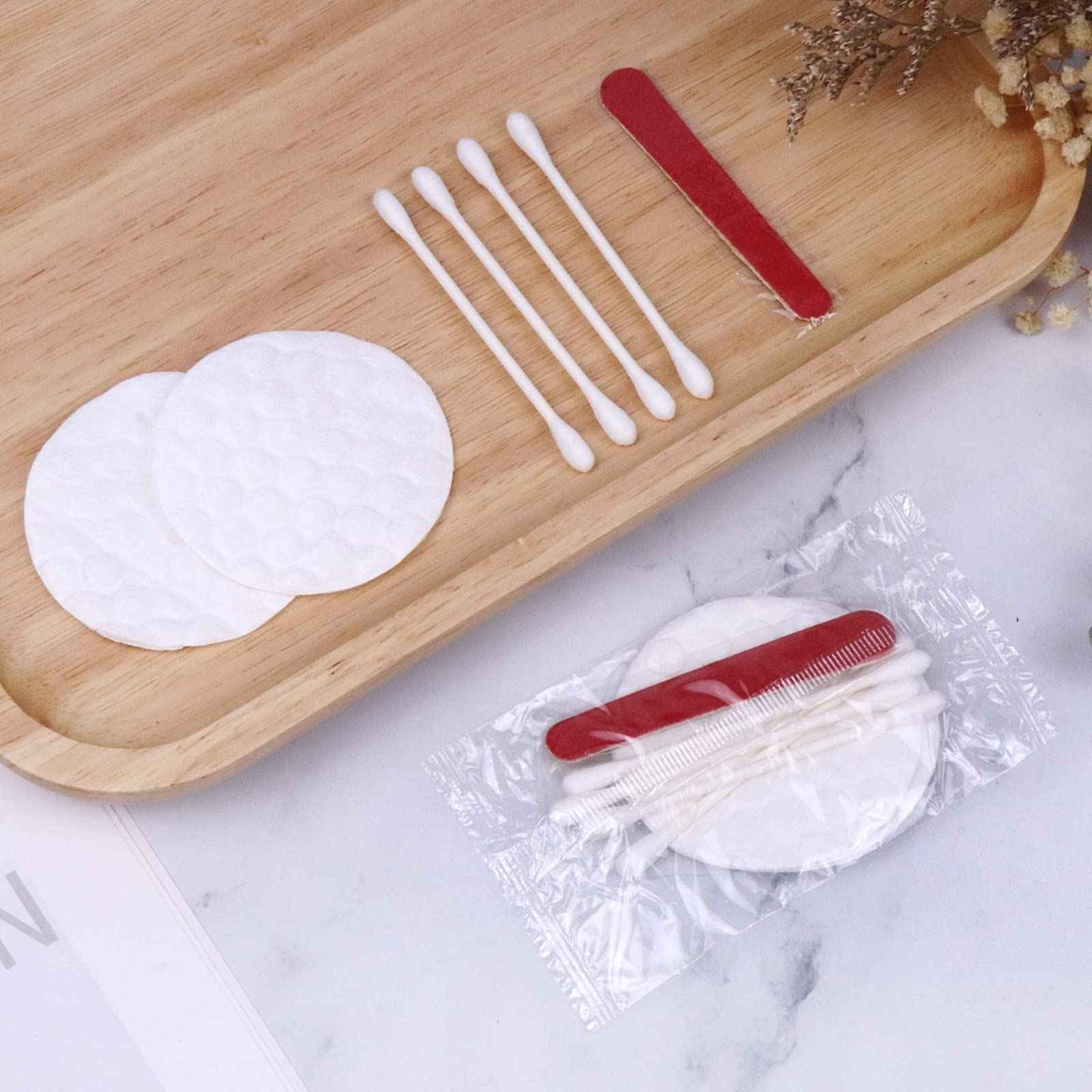 200 Pack Hotel Vanity Kit Individually Wrapped, Bulk Hotel Amenities Kit, Hotel Hospitality Set, Hygiene Products Include Cosmetic Cotton Pads, Cotton Swabs, Nail File (Paper Sticks)