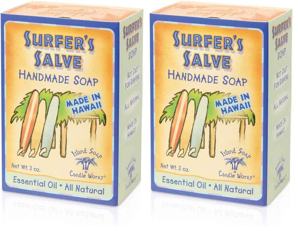Island Soap & Candle Works Surfer's Salve Soap - Made in Hawaii w/Lavender & Tea Tree Essential Oil, Vitamin E, & Aloe - Soap for Sunburned or Damaged & Dry Skin - 3 Ounces (Pack of 2)