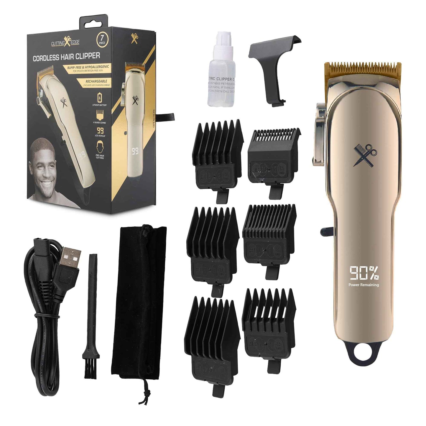 Cutting Edge Hair Clippers, Cordless Rechargeable Hair Clipper for Men & Women, Adjustable Taper, 6 Guide Combs, Hypoallergenic & Heat-Resistant Ceramic Blades, LCD Display, 90 Minute Run-Time