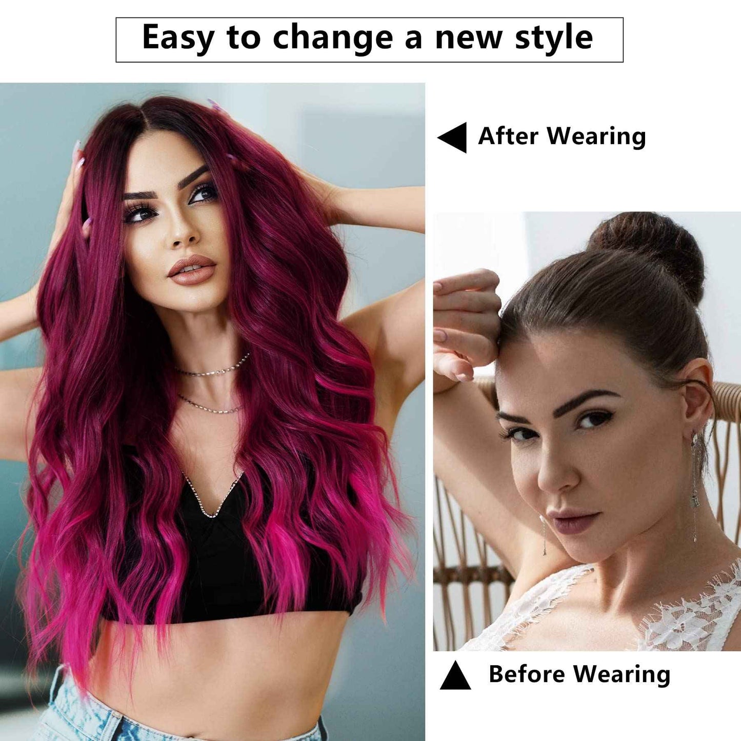 7JHH WIGS Hot Pink Long Wig with Dark Root Middle Part Lace Front Wavy Burgundy Ombre Pink Wig Body Wave Synthetic Wig for Women Transparent Lace Wig Hair 180% Density Daily Wear Wig 27 inch