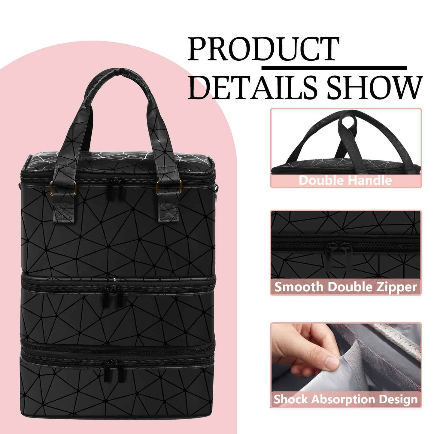 FCQQYWZ Large Nail Polish Organizer Case Hold 84+ Bottles Nail Polish & Nail Lamp, 3 Layers Nail Organizers and Storage for Nail Tech with Divider, Travel Carrying Case(Black)