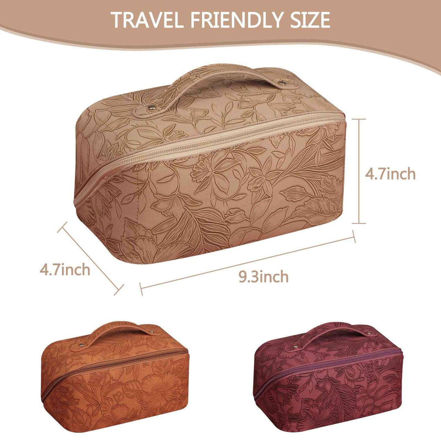 BAKLUCK Large Capacity Travel Cosmetic Bag with Compartment, Waterproof PU Leather Portable Flower Makeup Organizer Bag for Women and Girls - Khaki