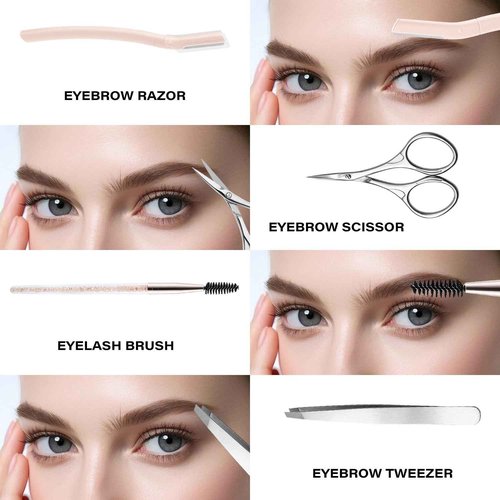 4-in-1 Eyebrow Grooming Set, Travel Brow Set, Japanese Blades Precision Eyebrow Razors W/Tweezer & Trimmer Scissor and Brow Brush, Professional Eyebrow Trimmers for Women, Travel Bag Included