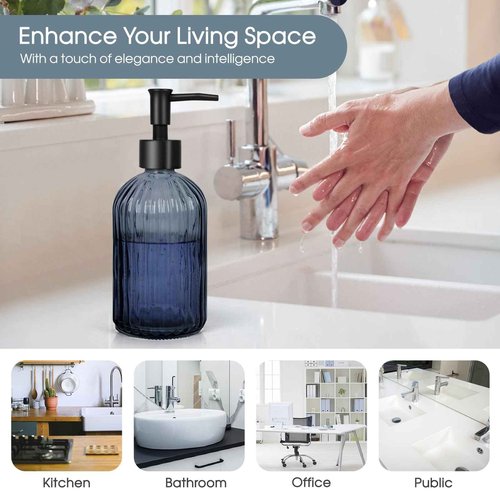 2 Pack Stripe Glass Soap Dispenser with Black Plastic Pump, 400ml Liquid Hand Soap Dispenser, Rustproof Pump for Kitchen & Bathroom, Great for Lotions, Essential Oil, Liquid Soaps- (Grayish Blue)