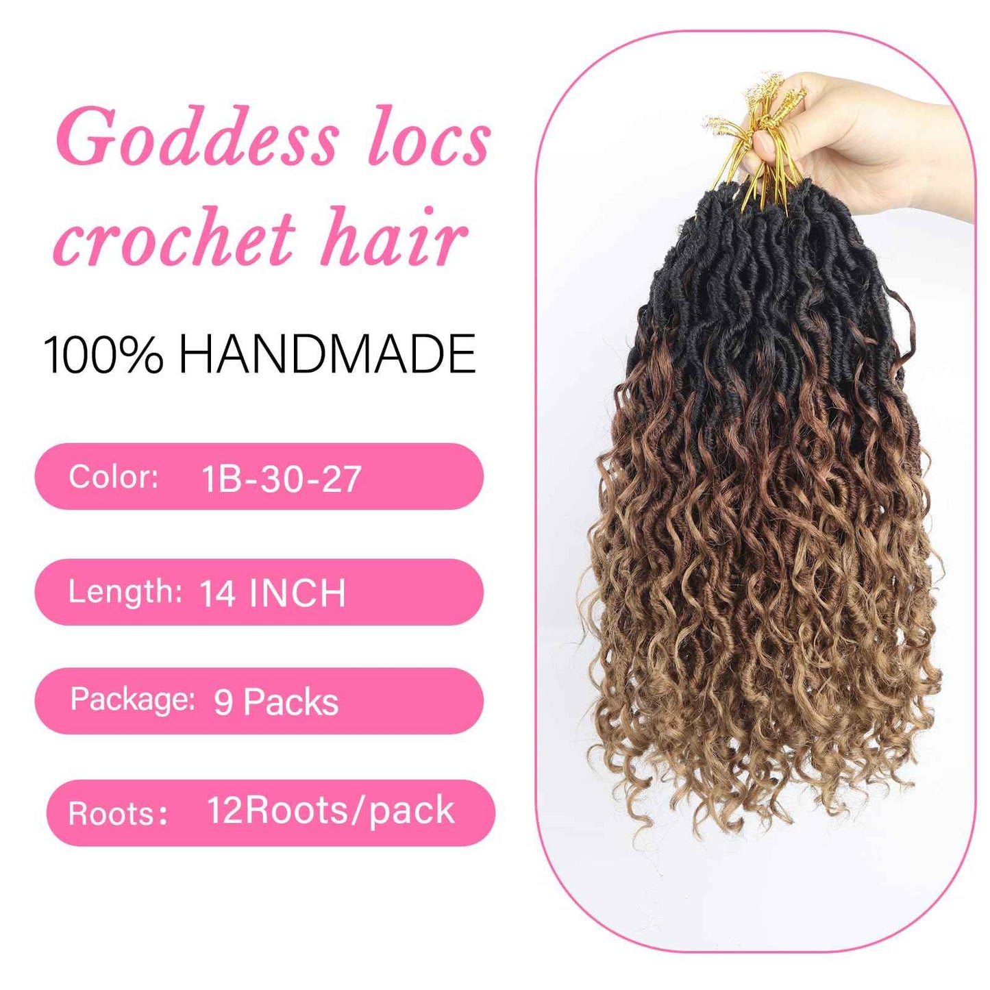 Sosihua Goddess locs crochet hair, 9 packs soft boho faux locs with curly ends bohemian crochet dreads for black women(14Inch,#1B-30-27)