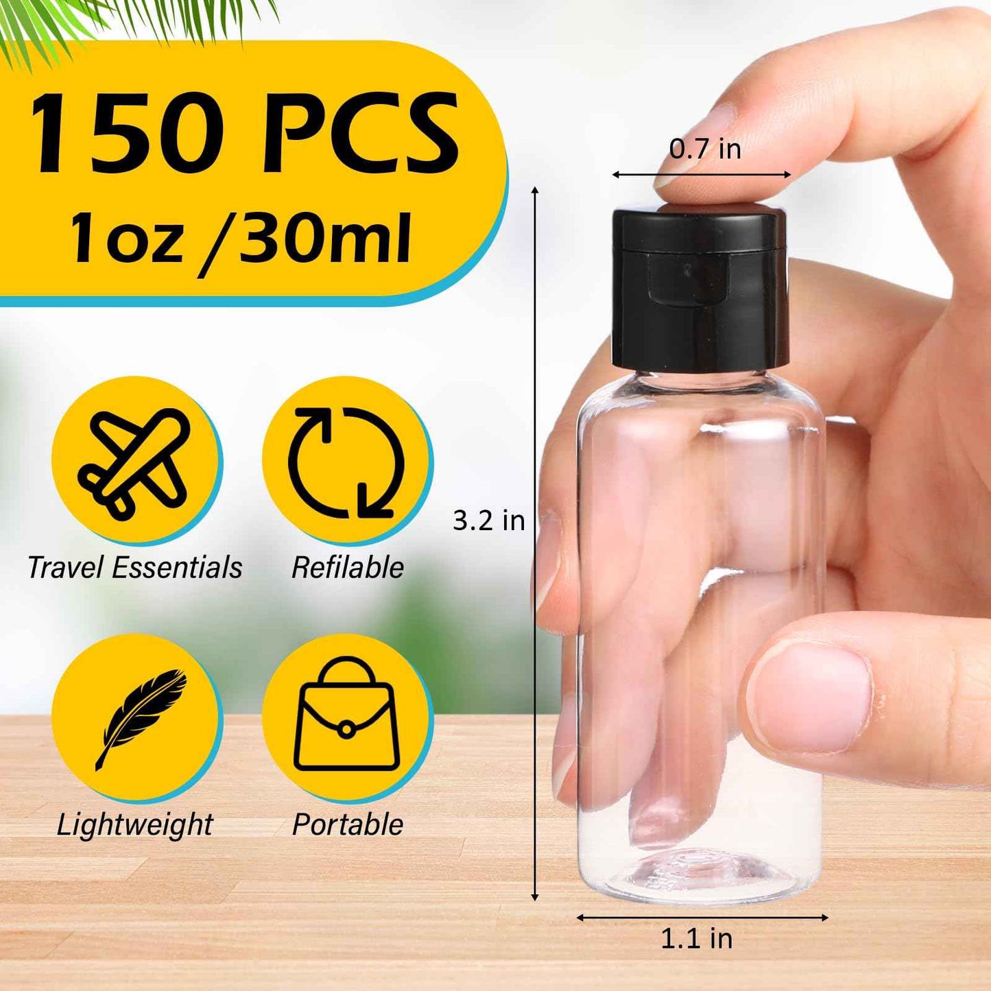 Mimorou 150 Pcs 1oz Travel Bottles Bulk for Toiletries Clear Small Travel Size Bottles Bulk Refillable Empty Containers for Shampoo Lotion Liquid Body Soap Cream Toiletries(Black Cap)