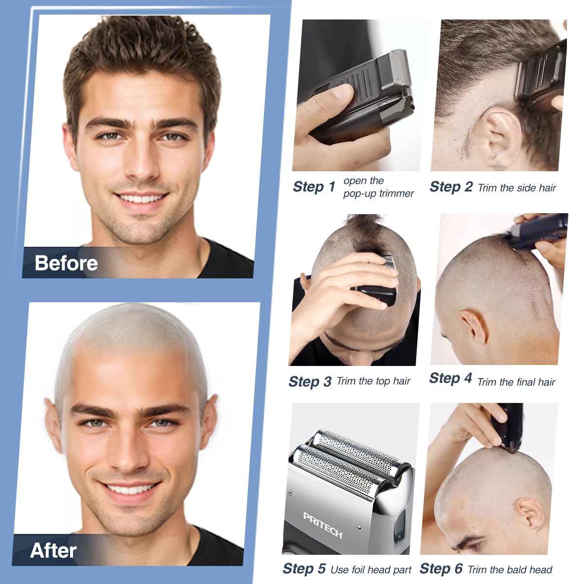 PRITECH Foil and Bald Shavers 2 in 1 Electric Shaver for Men Foil Blade and PopupTrimmer with Rechargeable 3 Adjustable Speeds Men's Shaver (Black Silver)