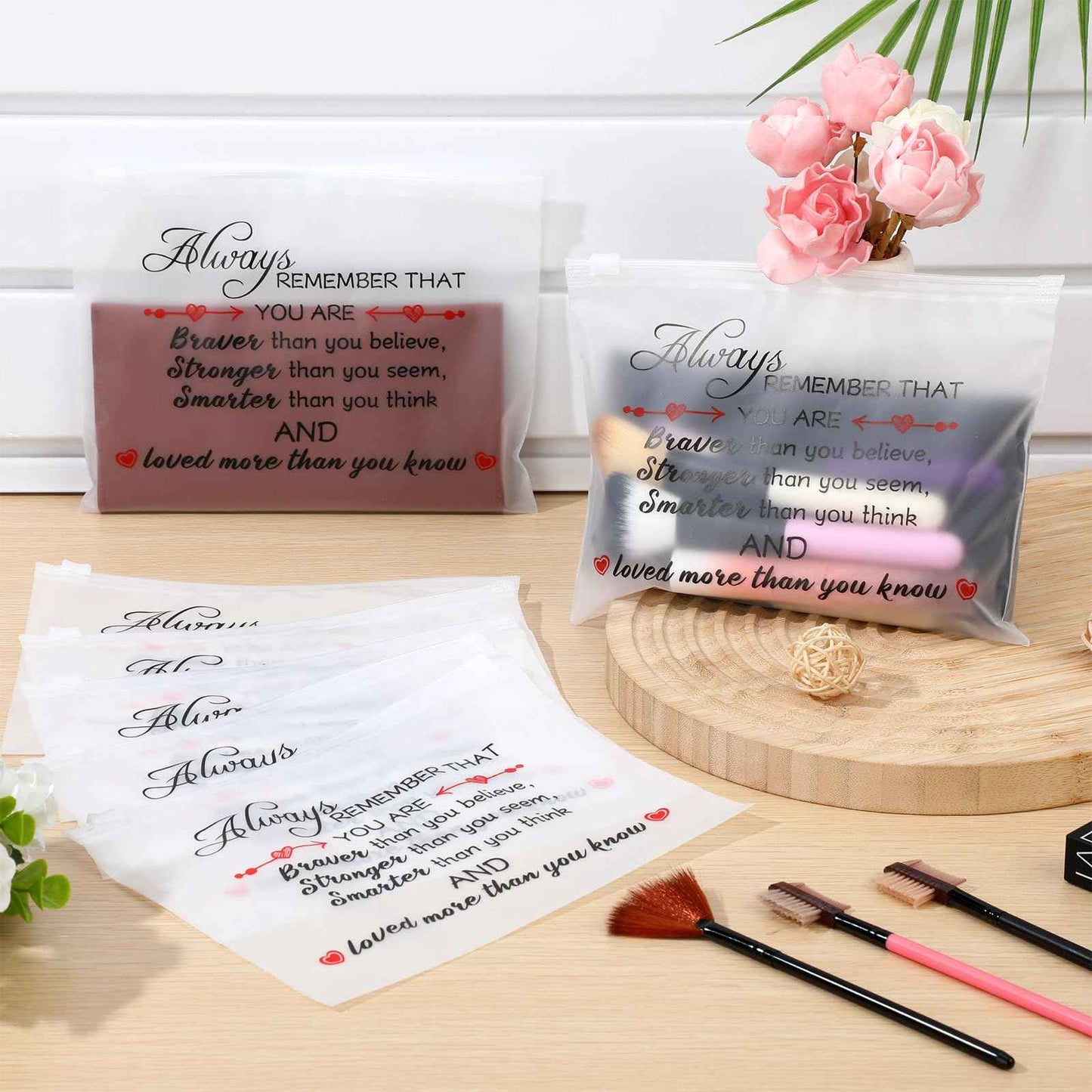 Sunnyray 60 Pcs Makeup Bags Bulk Inspirational Gifts Bags for Women EVA Cosmetic Bag with Zipper for Housekeeping Week Appreciation Gifts(Always Remember You Are Braver Than You Think)