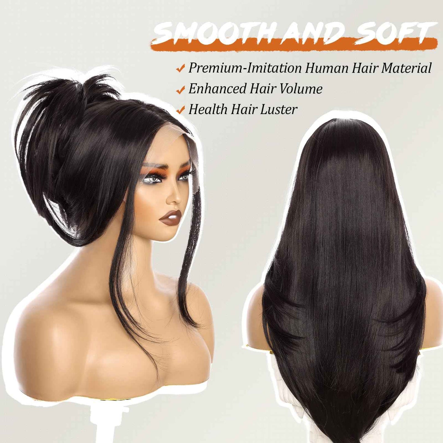 Natural Black Lace Front Wig 26 Inch - 13x4 HD Lace Layered Wigs for Women, Wear and Go Glueless Wigs Pre Plucked Pre Cut Long Straight Syntheic Fiber Pre-styling Hair for Daily