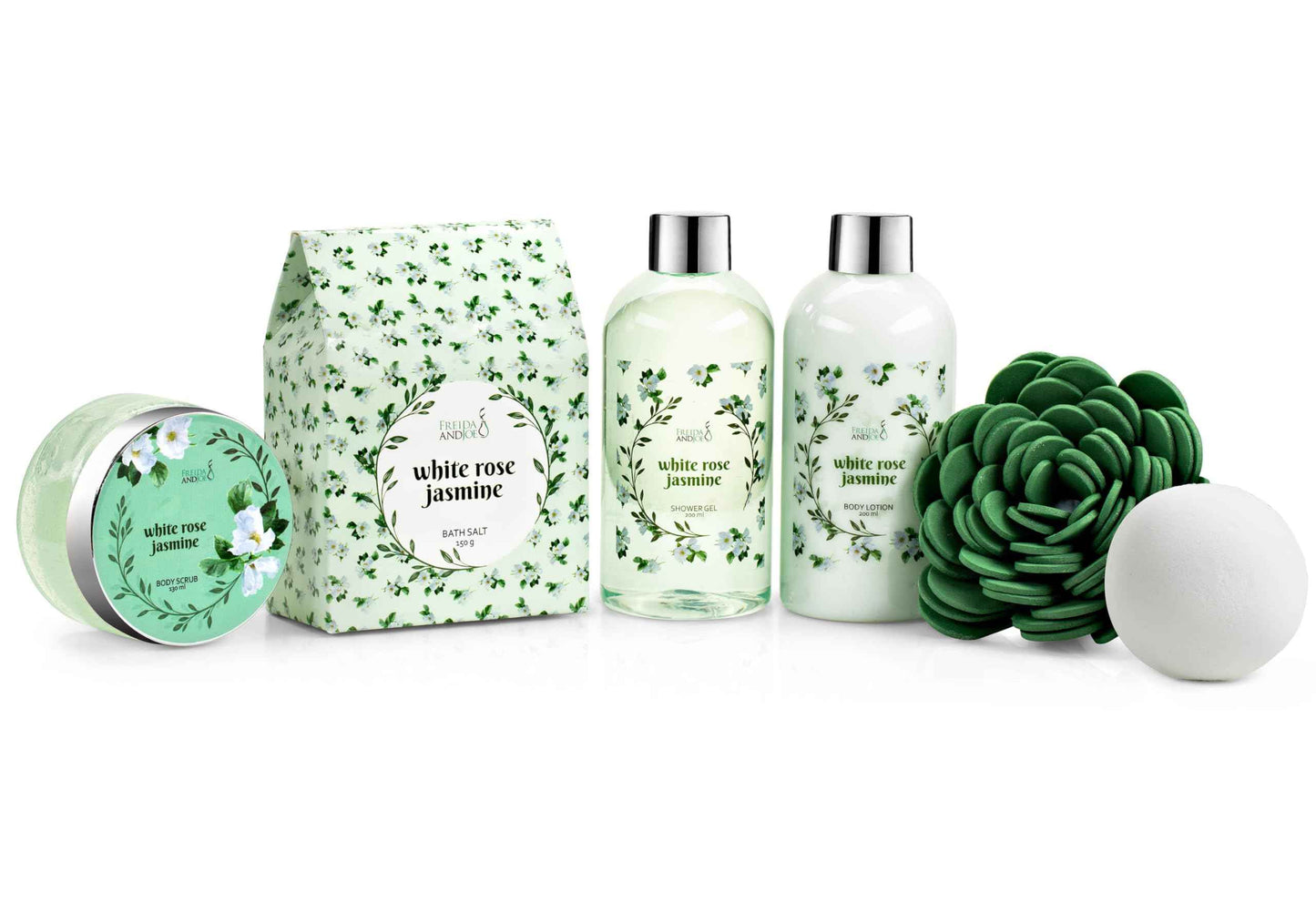 Deluxe White Rose Jasmine Spa Basket - 7pc Home Spa Set with Shower Gel, Body Lotion, Bath Salts, Body Scrub, Bath Bomb and Bath Puff in Wooden Curio