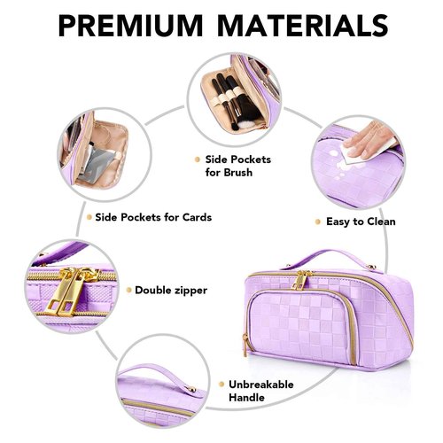 Travel Makeup Bag for Women, Large Capacity PU Leather Waterproof Checkered Cosmetic Bags, Portable Pouch Open Flat Toiletry Bag, Make up Organizer with Divider and Handle, Purple